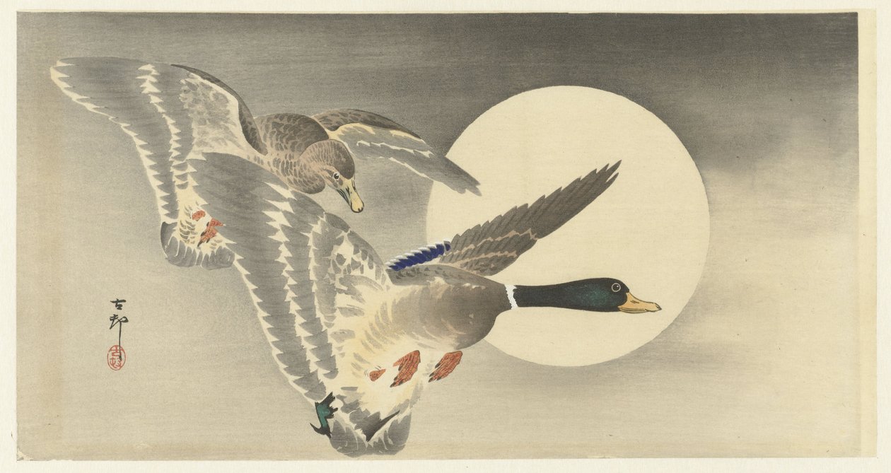 To ænder med fuldmåne af Ohara Koson