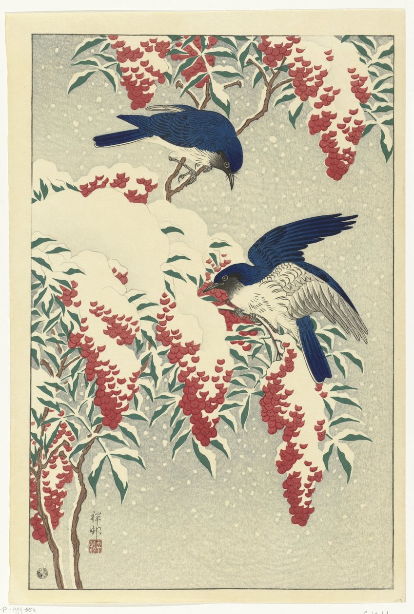 Fluesnappere på en nandina-busk af Ohara Koson
