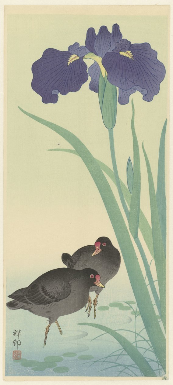 Morhøns og iris. af Ohara Koson