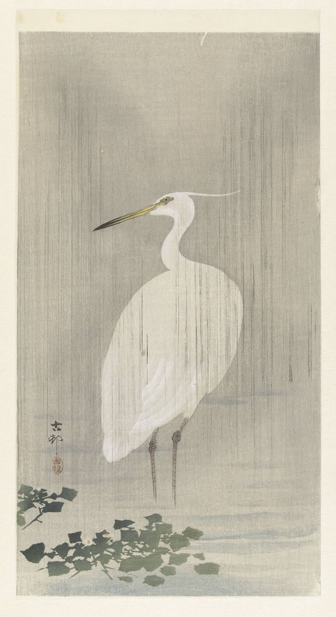 Hejre i regn af Ohara Koson