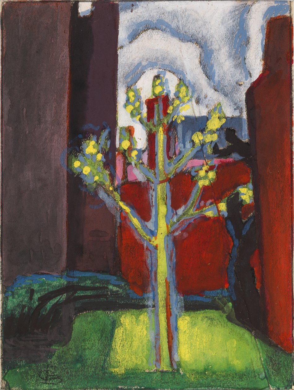 Ungt træ i den røde gårdhave, 1919. af Oscar Bluemner