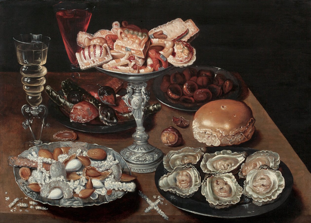 Mandler, østers, slik, kastanjer og vin på et træbord, ca. 1605-30 af Osias the Elder Beert