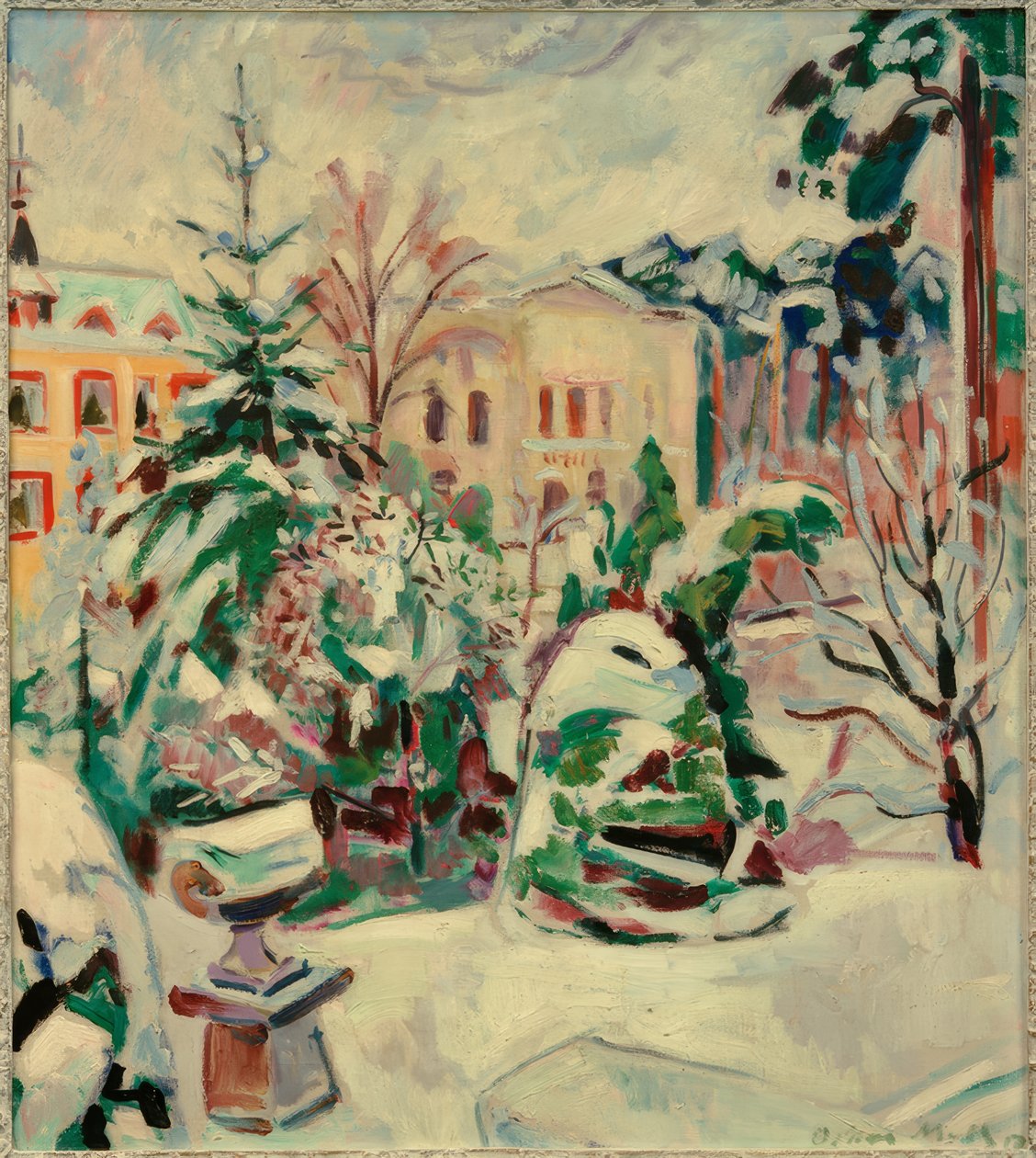 Sneklædt park med huse af Oskar Moll