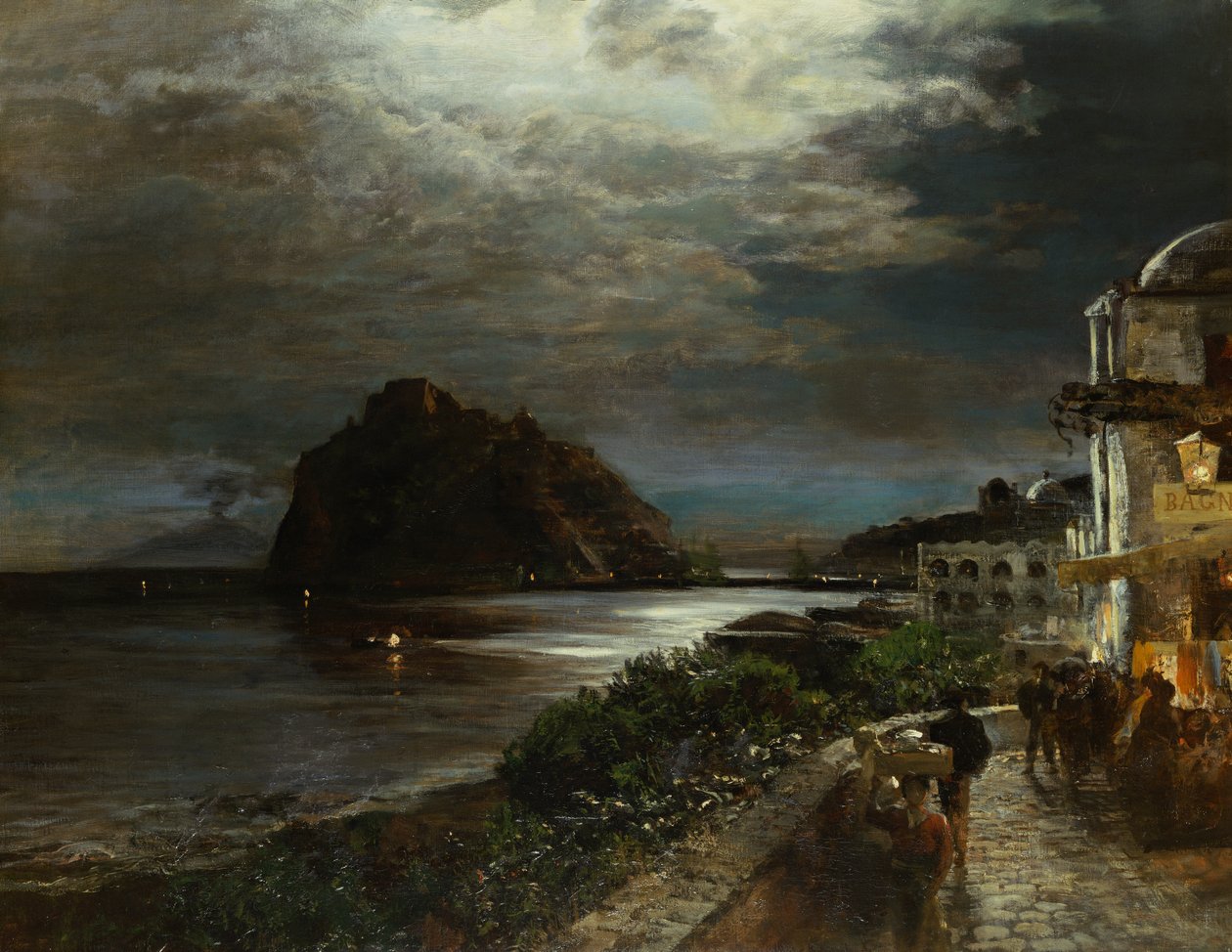 Det Aragonese Slot Ischia (olie på lærred) af Oswald Achenbach
