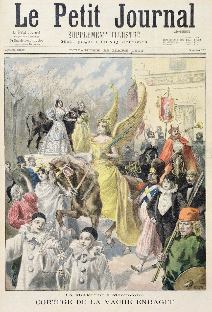 Titelside, der viser processionen af den gale ko, midt i fastetiden i Montmartre, illustration fra det illustrerede supplement til Le Petit Journal, 22. marts, 1896 af Oswaldo Tofani