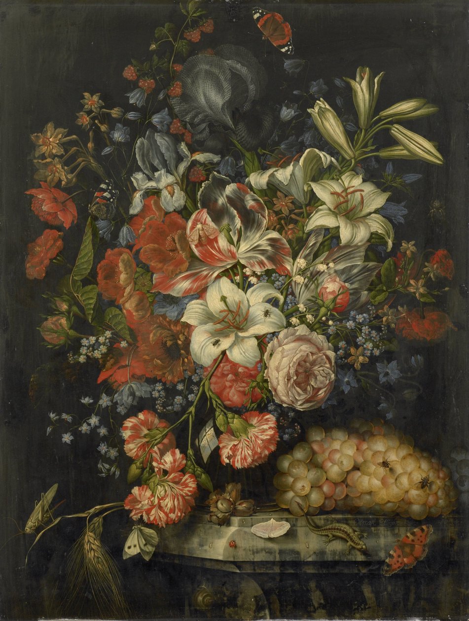 Stilleben med blomster og frugt af Ottmar Elliger (I)