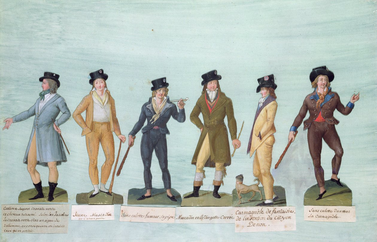 Fol.43 Moderigtigt kjole til mænd under den franske revolution (gouache) af P. A. and J.B. Lesueur