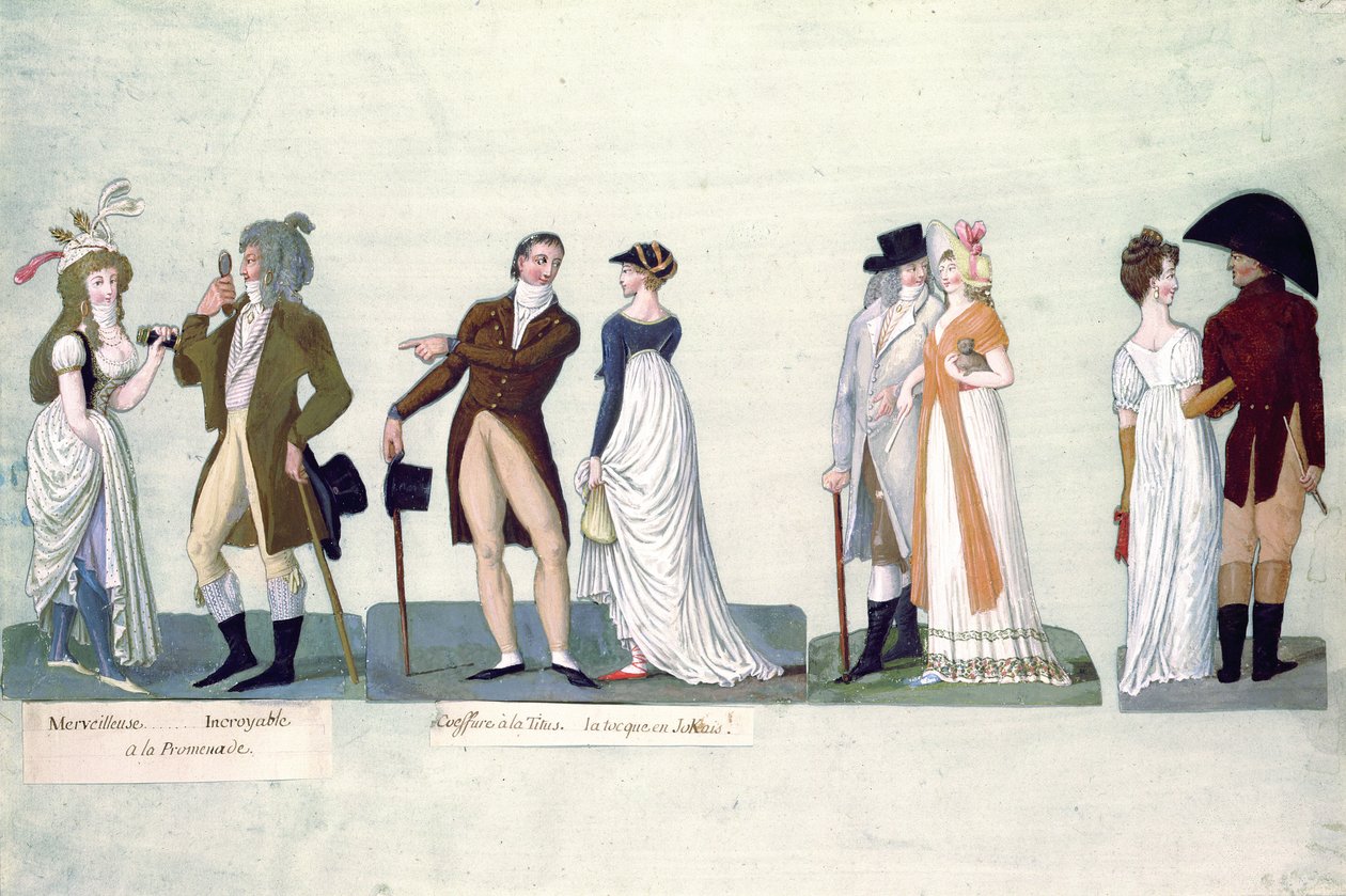Fol.50 Vidunderlig ... Utrolig promenade; Coiffure a la Titus ... Tocque i Jockey-stilen (gouache) af P. A. and J.B. Lesueur