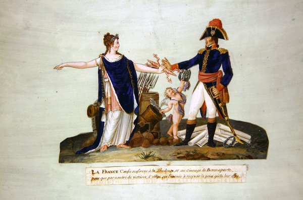 Frankrig overlader sine styrker til Prudence og til Bonapartes mod. ca. 1800 (gouache) af P. A. and J.B. Lesueur
