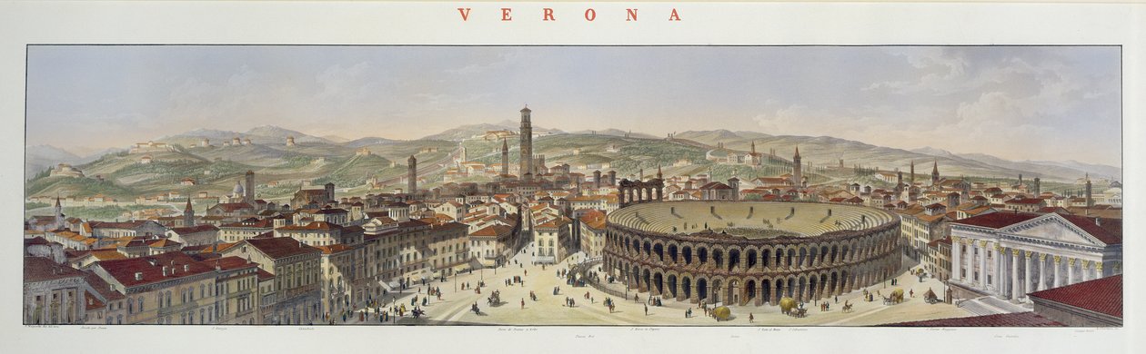 Udsigt over Verona, graveret af L. Cherbuin (farvegravering) (se 130088) af P. Majocchi
