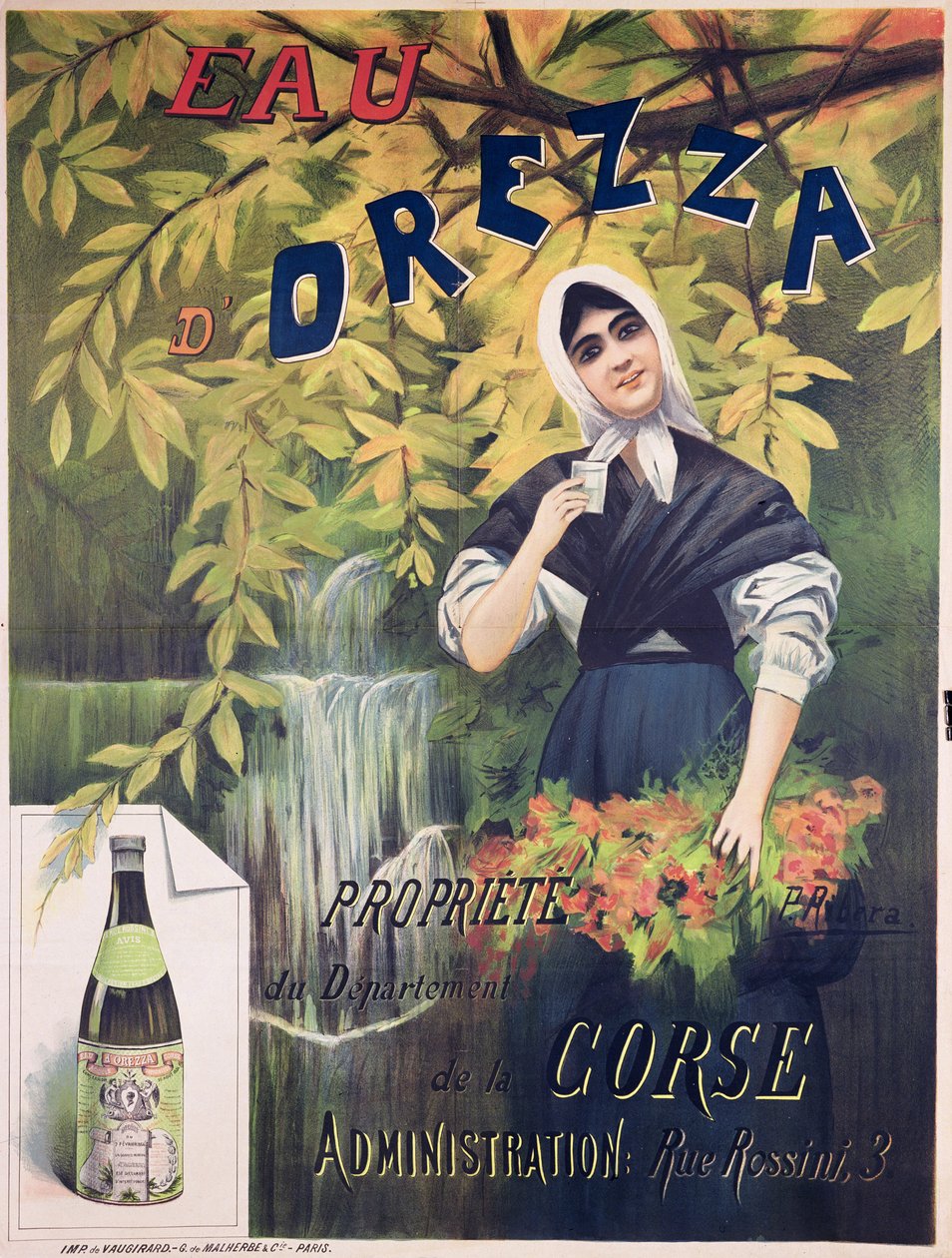 Reklameplakat for Eau dOrezza, naturligt mineralvand farve litografi af P. Ribera