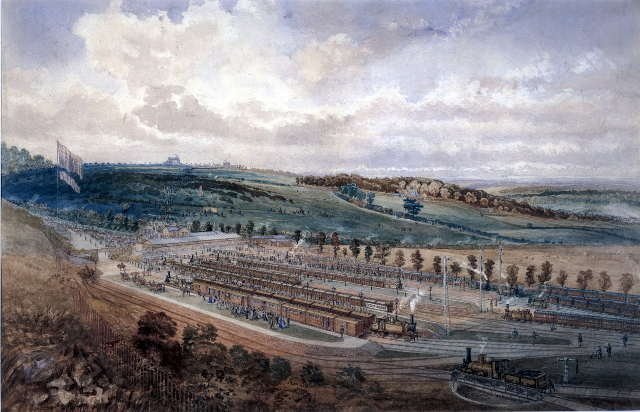 Epsom Station på Derby Day, 1878 (wc på papir) af P.R. Perry