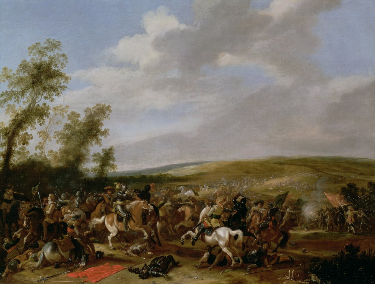 Slagscene ved Lutsen mellem kong Gustavus Adolphus af Sverige mod Wallensteins tropper, 1632 af Anthonie Palamedesz