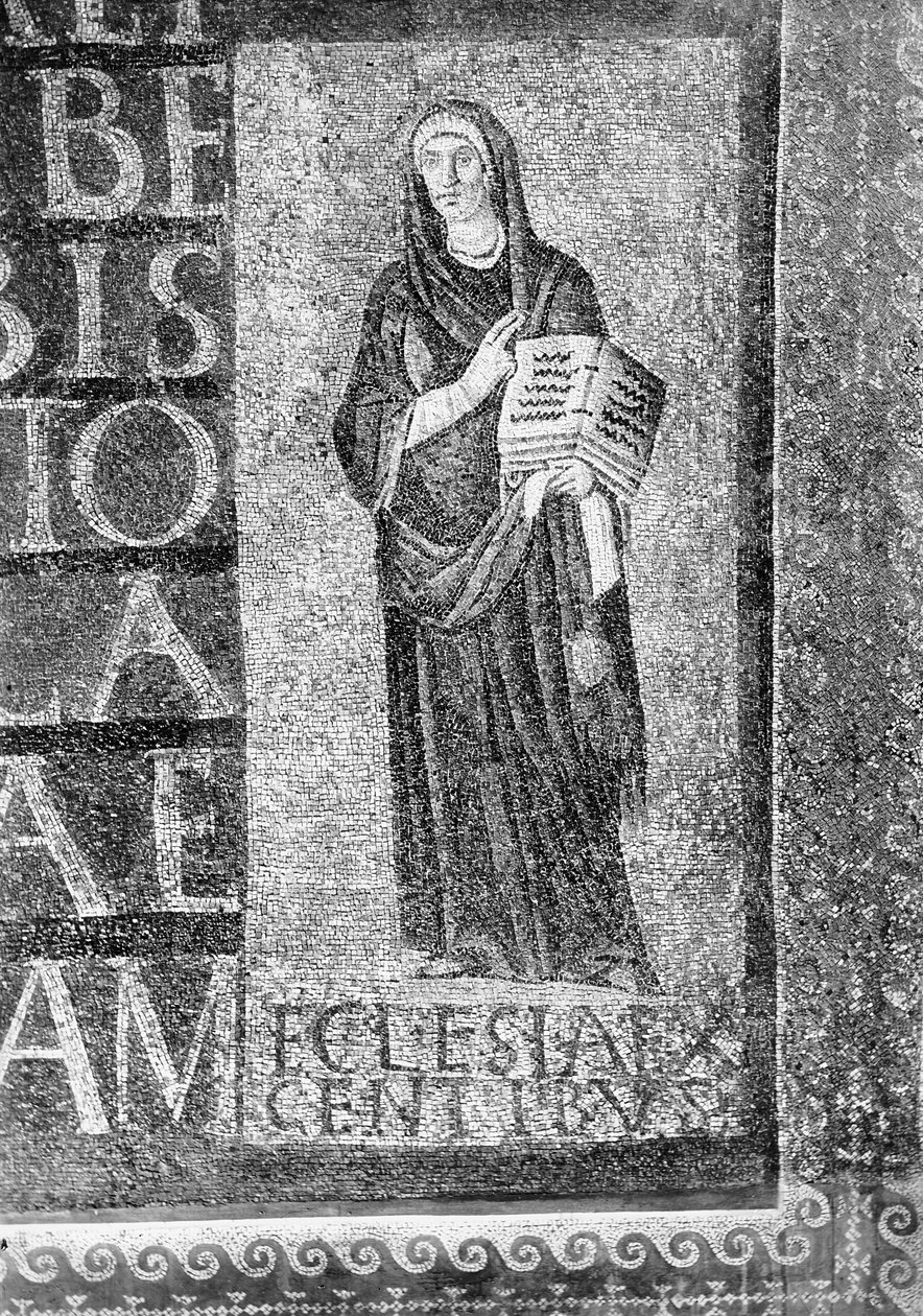 Figur, der repræsenterer Hedningernes Kirke og en del af de syv hexameter-indskrifter (mosaik) af Paleo Christian