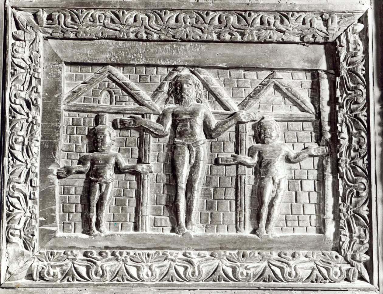 Korsfæstelsen, panel fra en dør dekoreret med scener fra Det Gamle og Nye Testamente (træ) af Paleo Christian