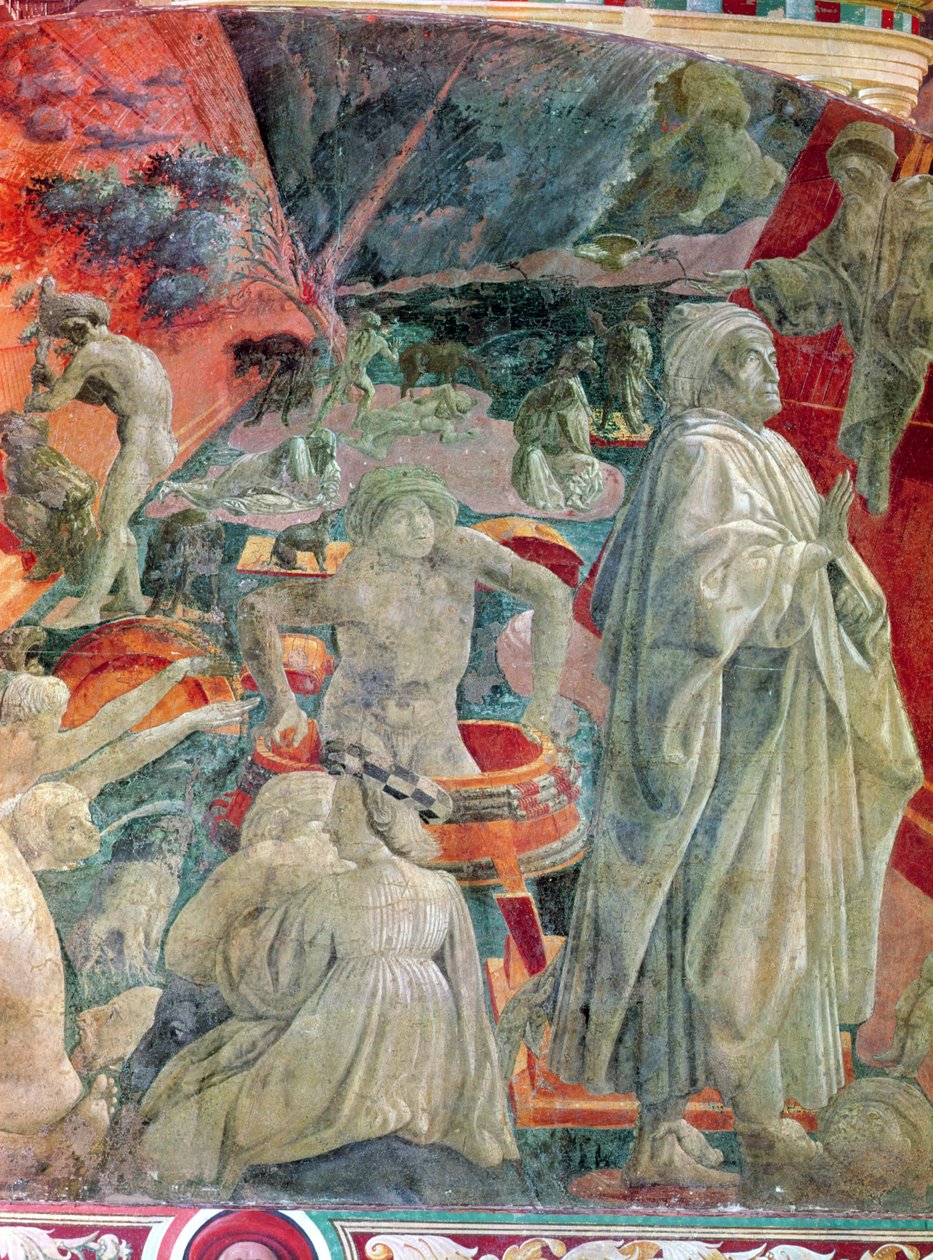 The Great Flood and the Retreat of the Water (detalje af manden i en tønde og Noah), 1446-8 (fresko overført til lærred) af Paolo Uccello
