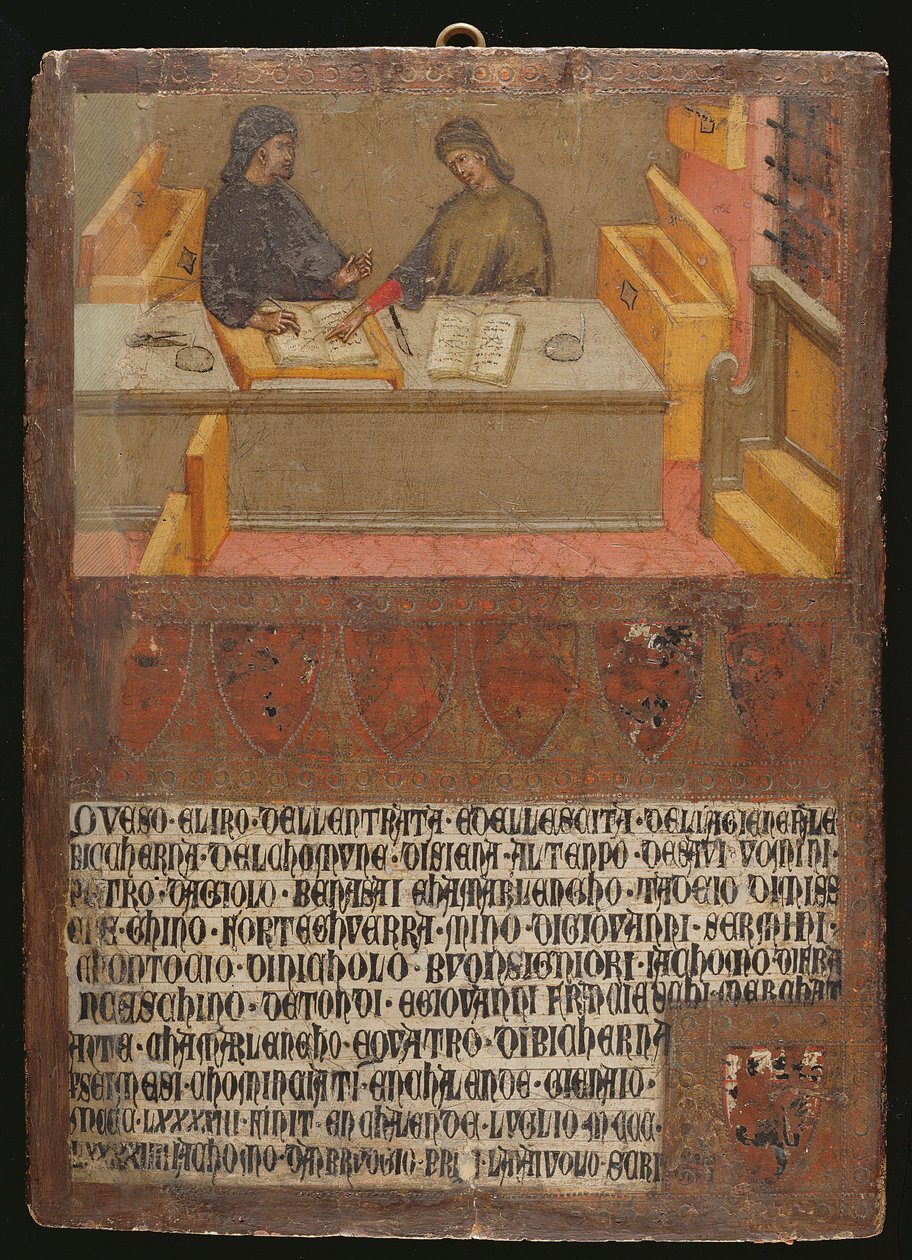 Chief Financial Officer og skribent ved deres skrivebord i Biccherna (indtægtskontoret) (tempera på panel) af Paolo di Giovanni Fei