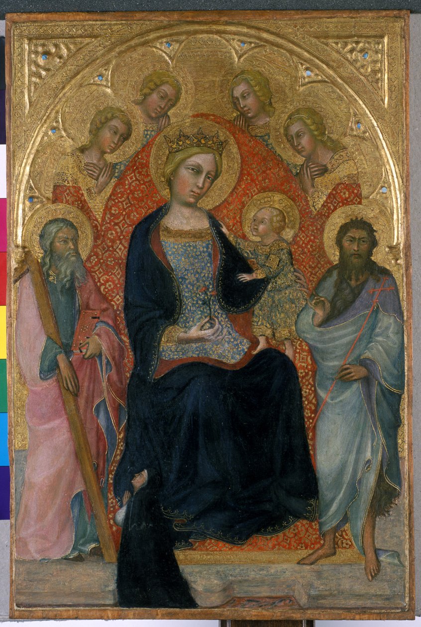 Tronet Madonna og barn med fire engle, to helgener og en velgører, ca. 1400 (tempera på træ) af Paolo di Giovanni Fei