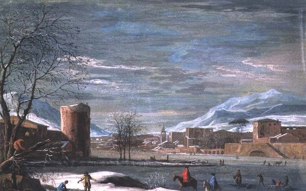 Vinterlandskab (tempera på læder) af Paolo de (attr.) Filippi