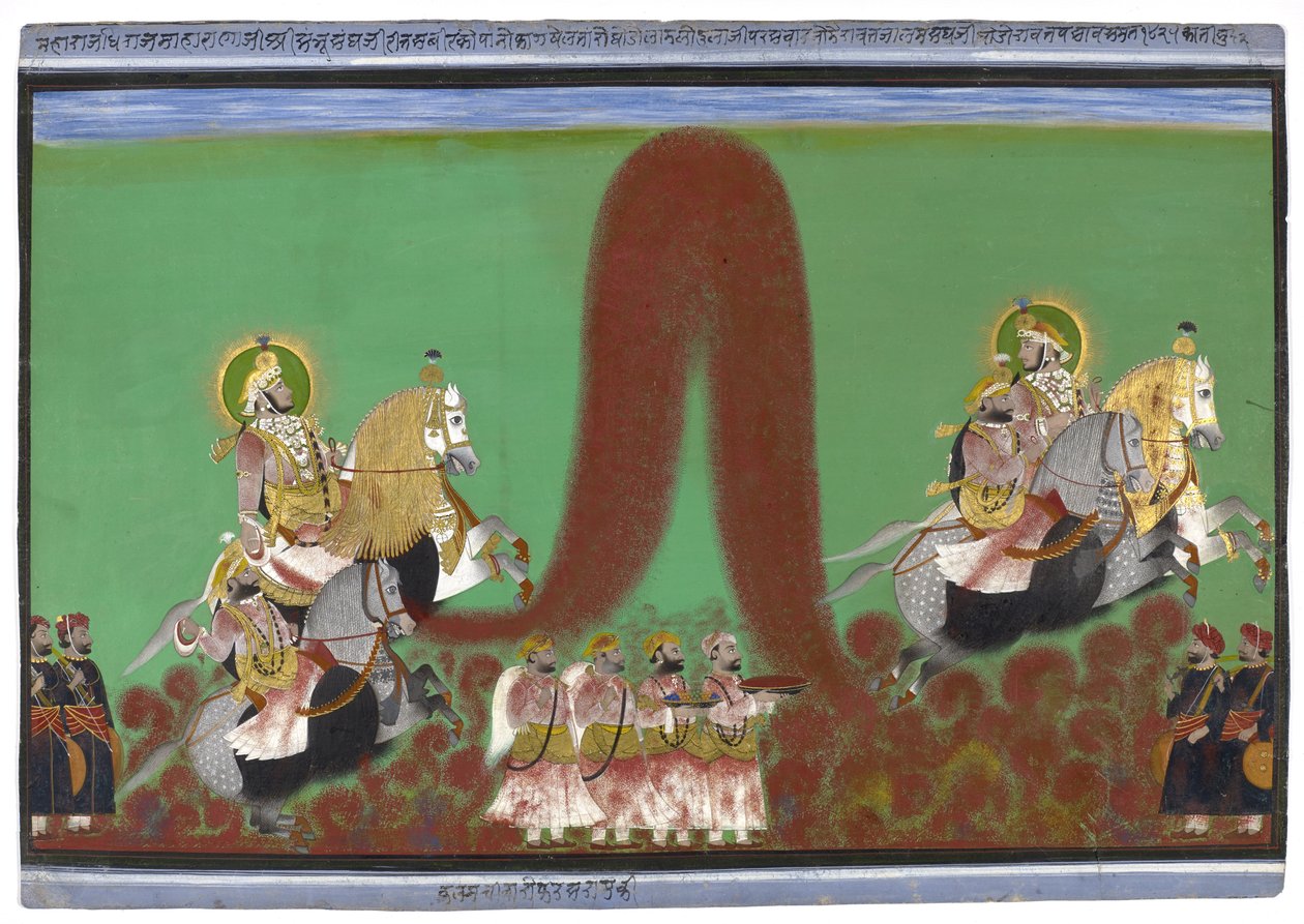 Maharana Shambhu Singh fra Mewar Playing Holi, 1868-69 (gouache med guld på papir) af Parasuram Parasuram