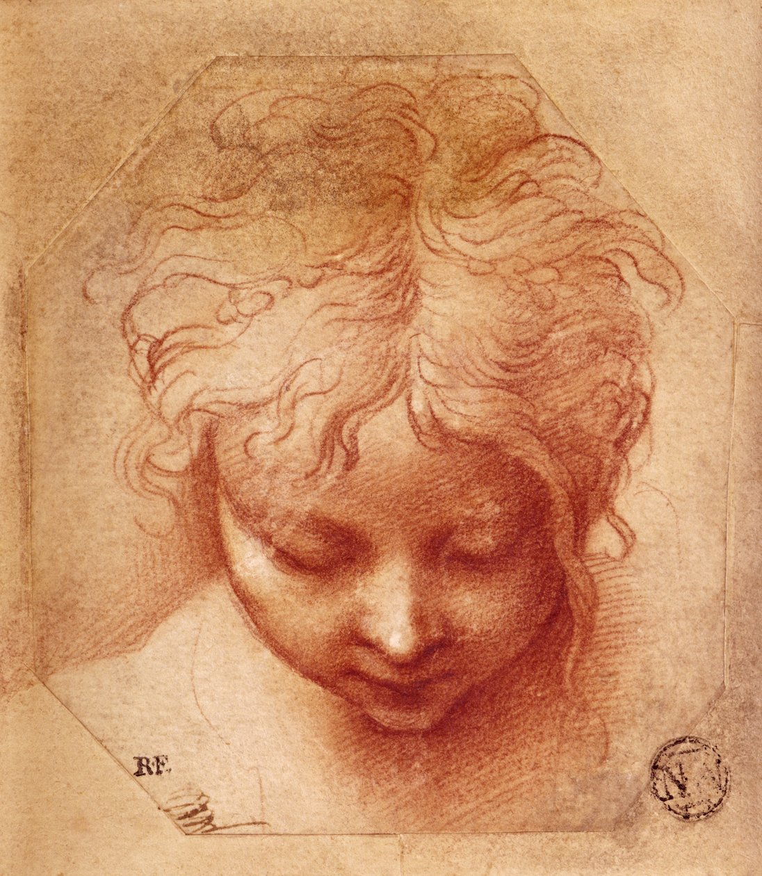Studie af et hoved (rødt kridt på papir) af Parmigianino