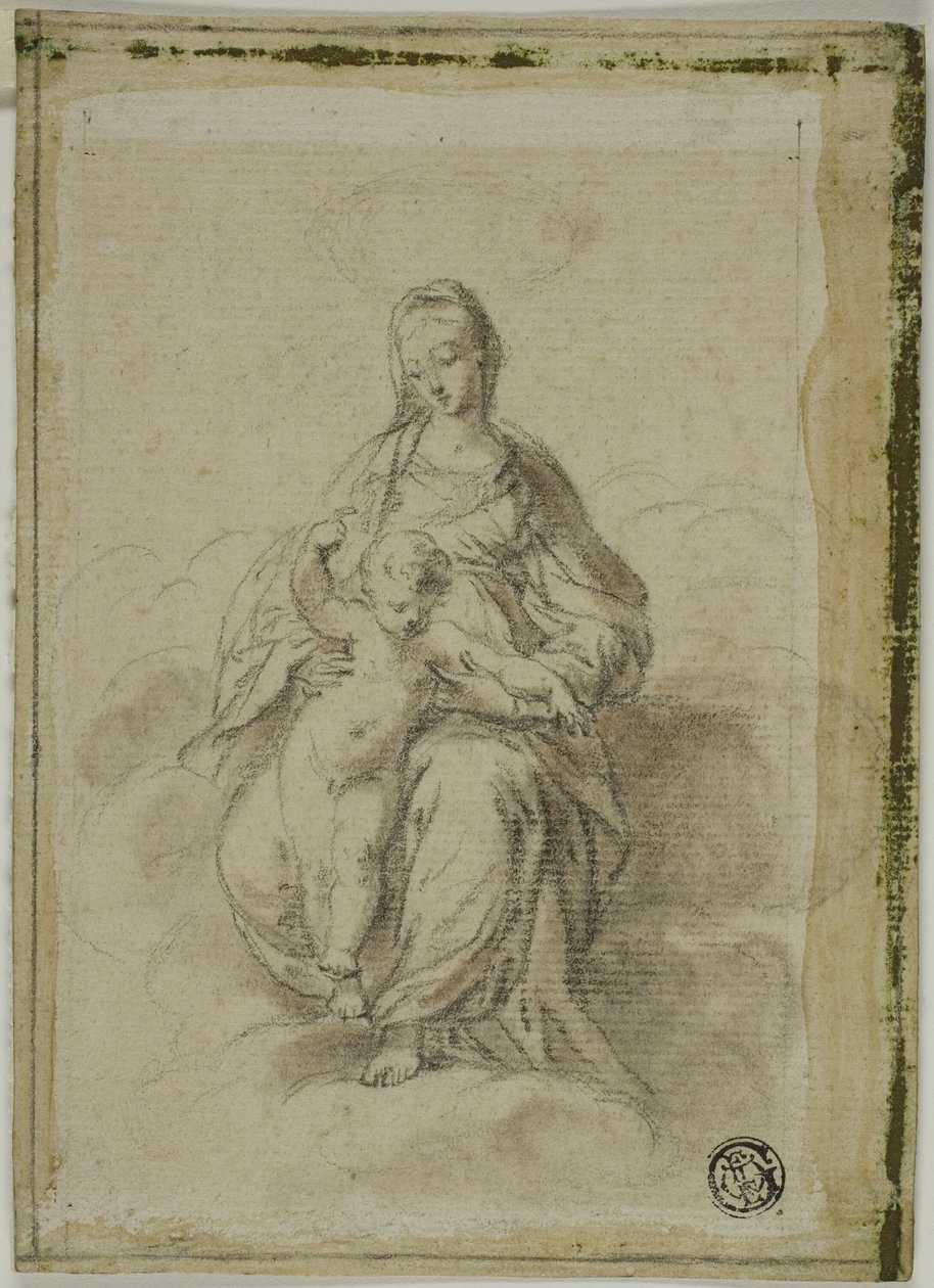Jomfru og barn siddende på skyer af Parmigianino