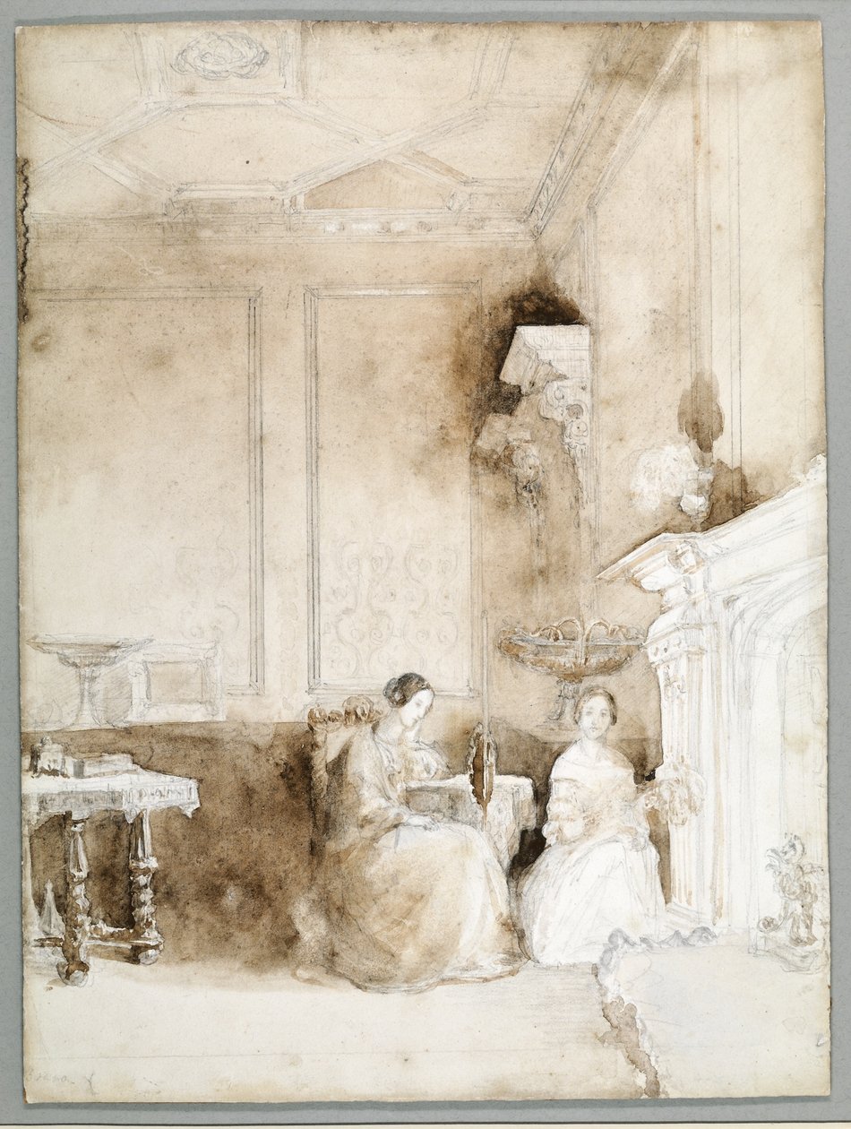 Florence Nightingale og Marianne Nicholson i tegnestuen på Embley, ca. 1830 (blyant og vask på papir) af Parthenope Nightingale