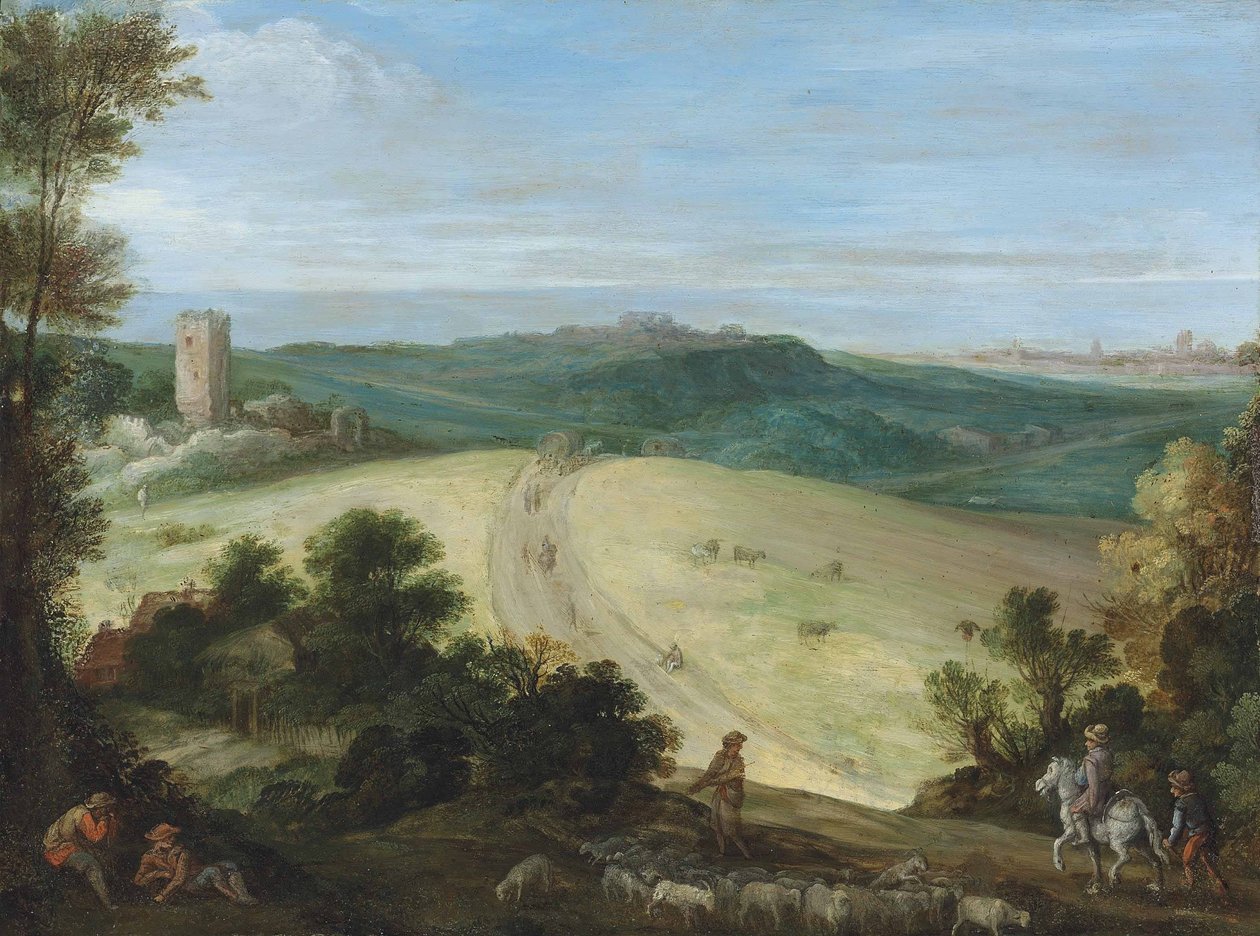 Et omfattende skovklædt landskab med en hyrde og hans flok, et ødelagt tårn og en by udenfor af Paul Bril