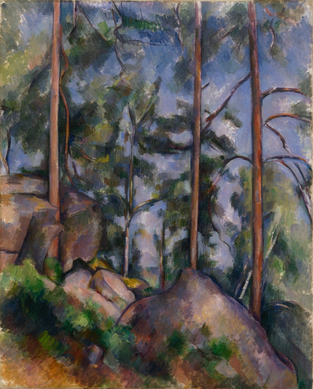Fyrretræer og klipper (Fontainebleau) af Paul Cézanne