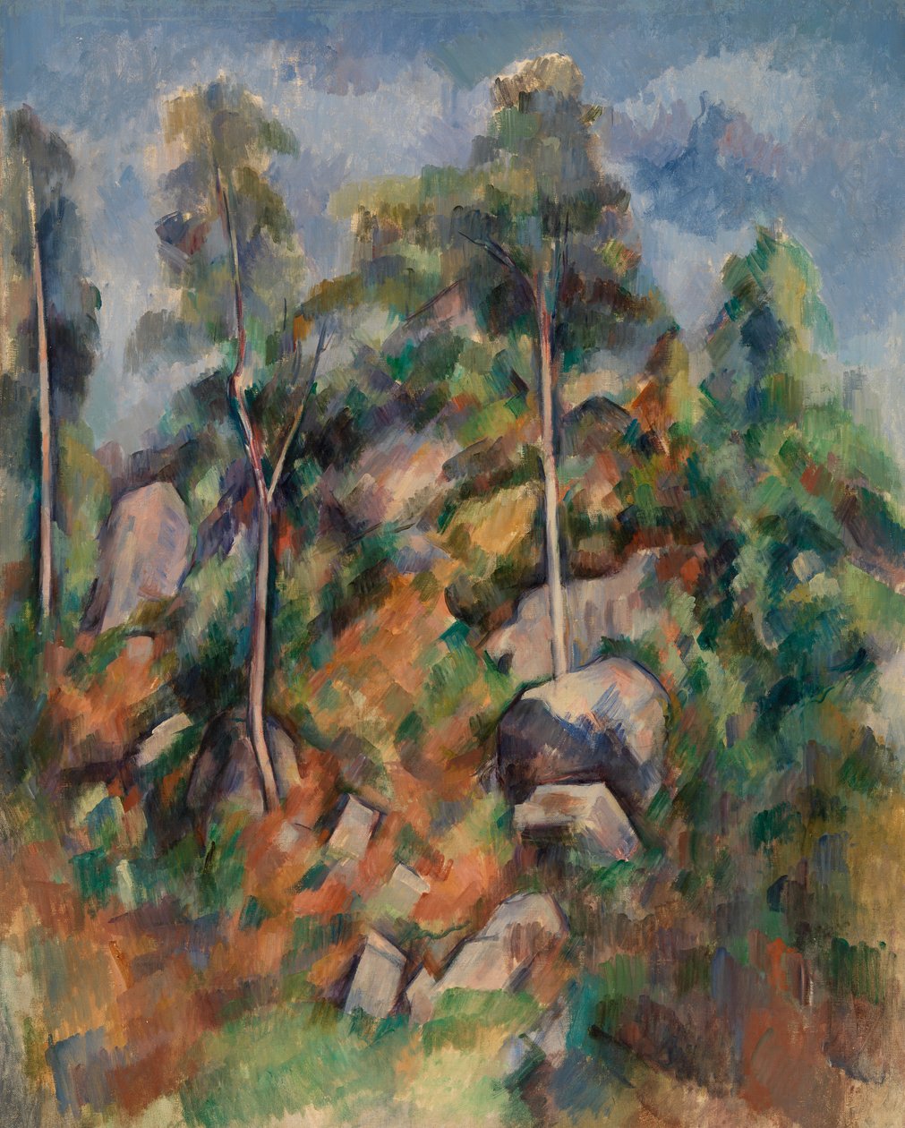 Klipper og træer, ca. 1904 af Paul Cézanne