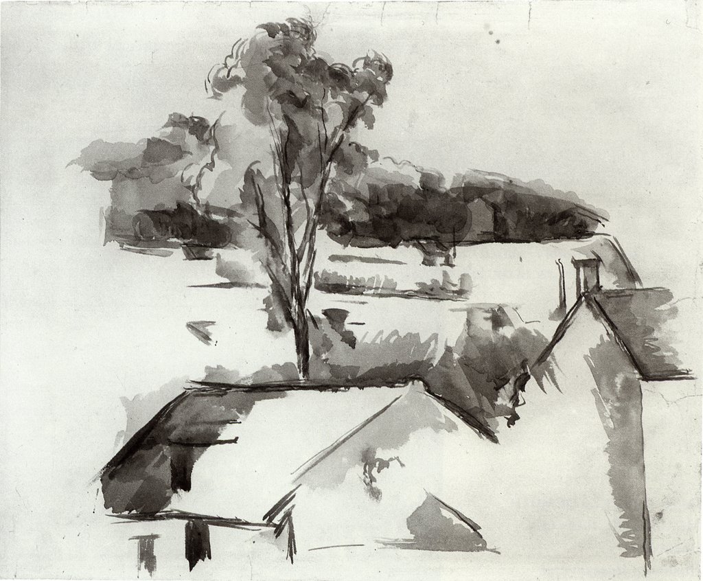 Hustage og træ af Paul Cézanne
