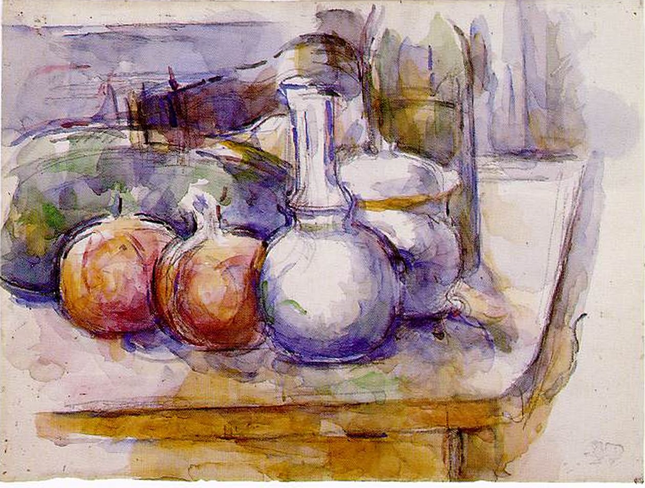 Stilleben: Karaffel, flaske, granatæbler, vandmelon, 1900-06 (wc og sort kridt på papir) af Paul Cézanne