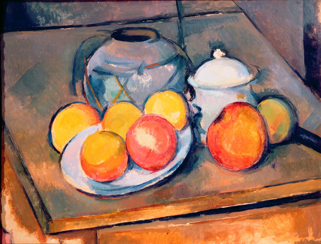Halmdækket vase, sukkerskål og æbler, 1890-93 (se også 287555) af Paul Cézanne