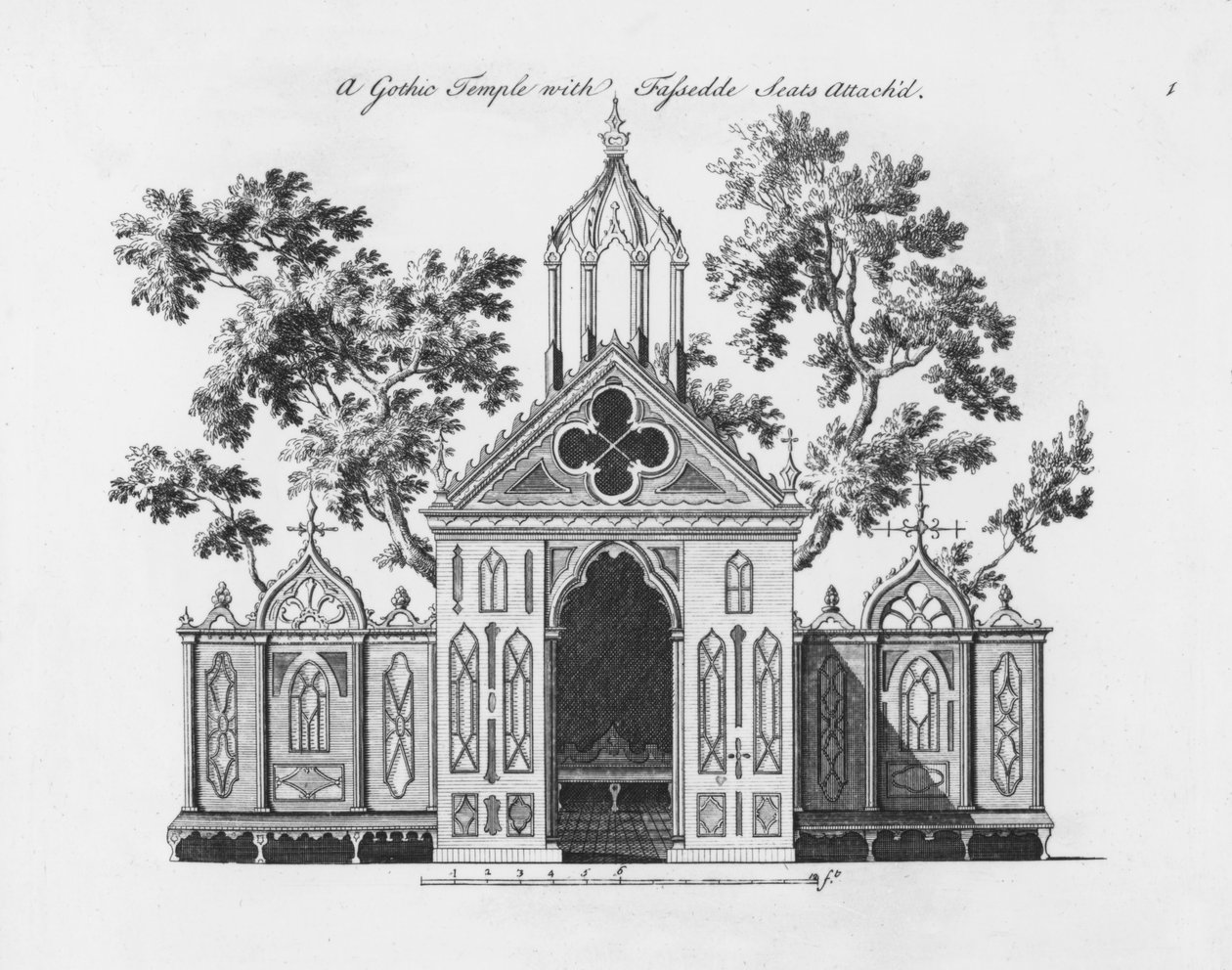 Et gotisk tempel, fra "Gothic Architecture Decorated, consisting of a large collection of temples, banqueting, summer and green houses", udgivet i 1759 af Paul Decker