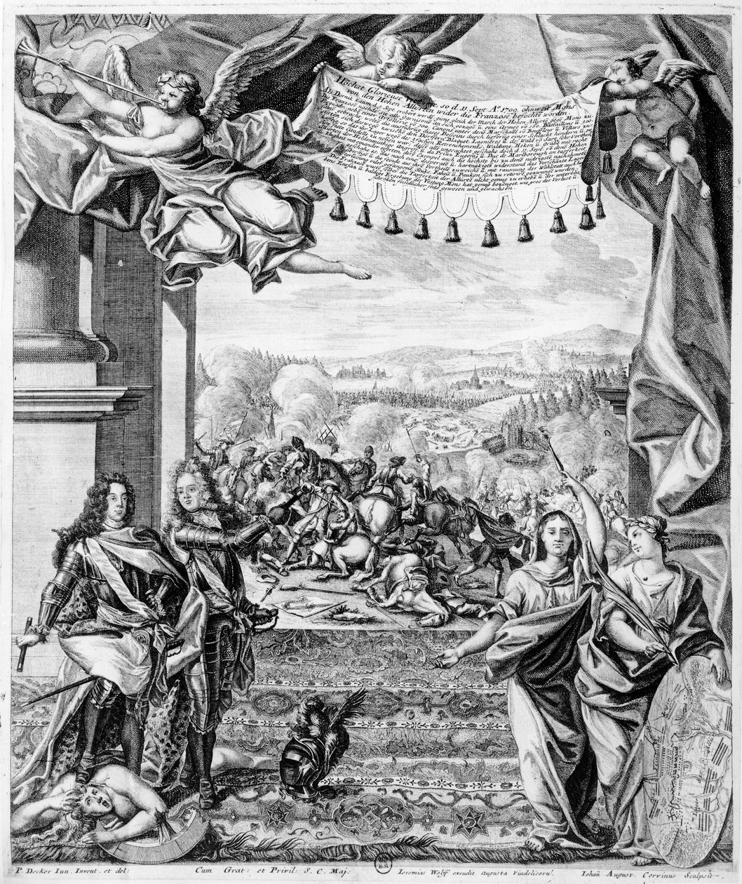 Slaget ved Malplaquet, 11. september 1709, indgraveret af Jeremias Wolff og Johann August Corninus (1683-1738) af Paul Decker