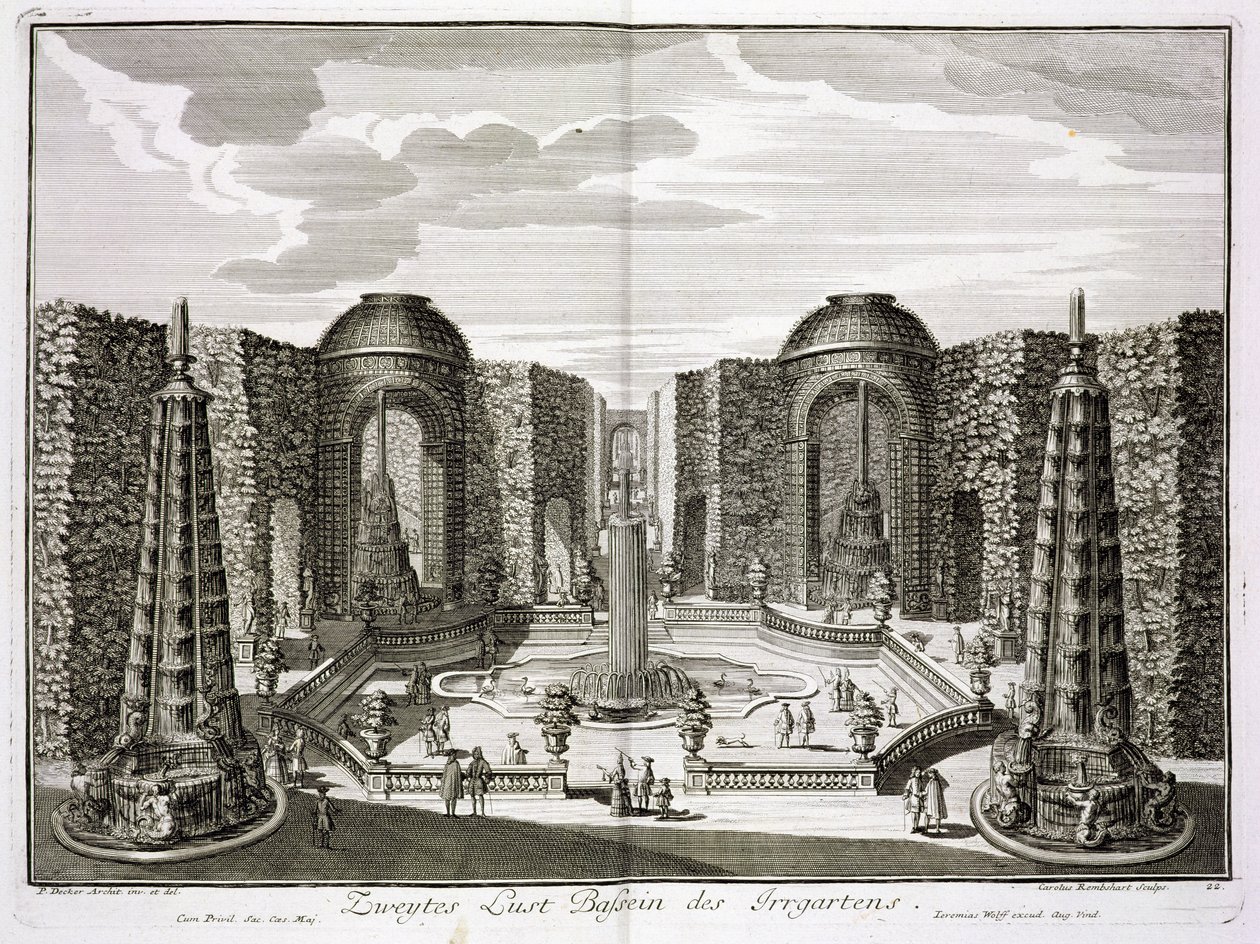 Springvandet i labyrinten ved Princely Pleasure Palace and Gardens, Berlin, graveret af Karl Remshard (1678-1735), udgivet ca. 1711-16 af Paul Decker