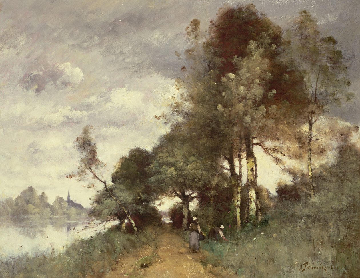 Bønder samler blomster ved siden af en flod af Paul Desire Trouillebert