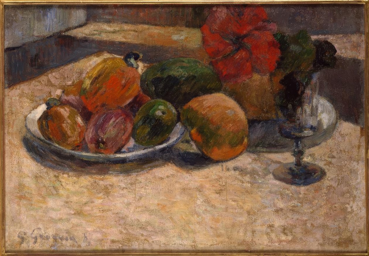 Eksotiske frugter og røde blomster af Paul Gauguin