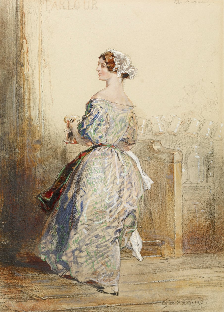 The Barmaid, ca. 1850 (wc, farveblyant og grafit forhøjet med hvidt på papir) af Paul Gavarni