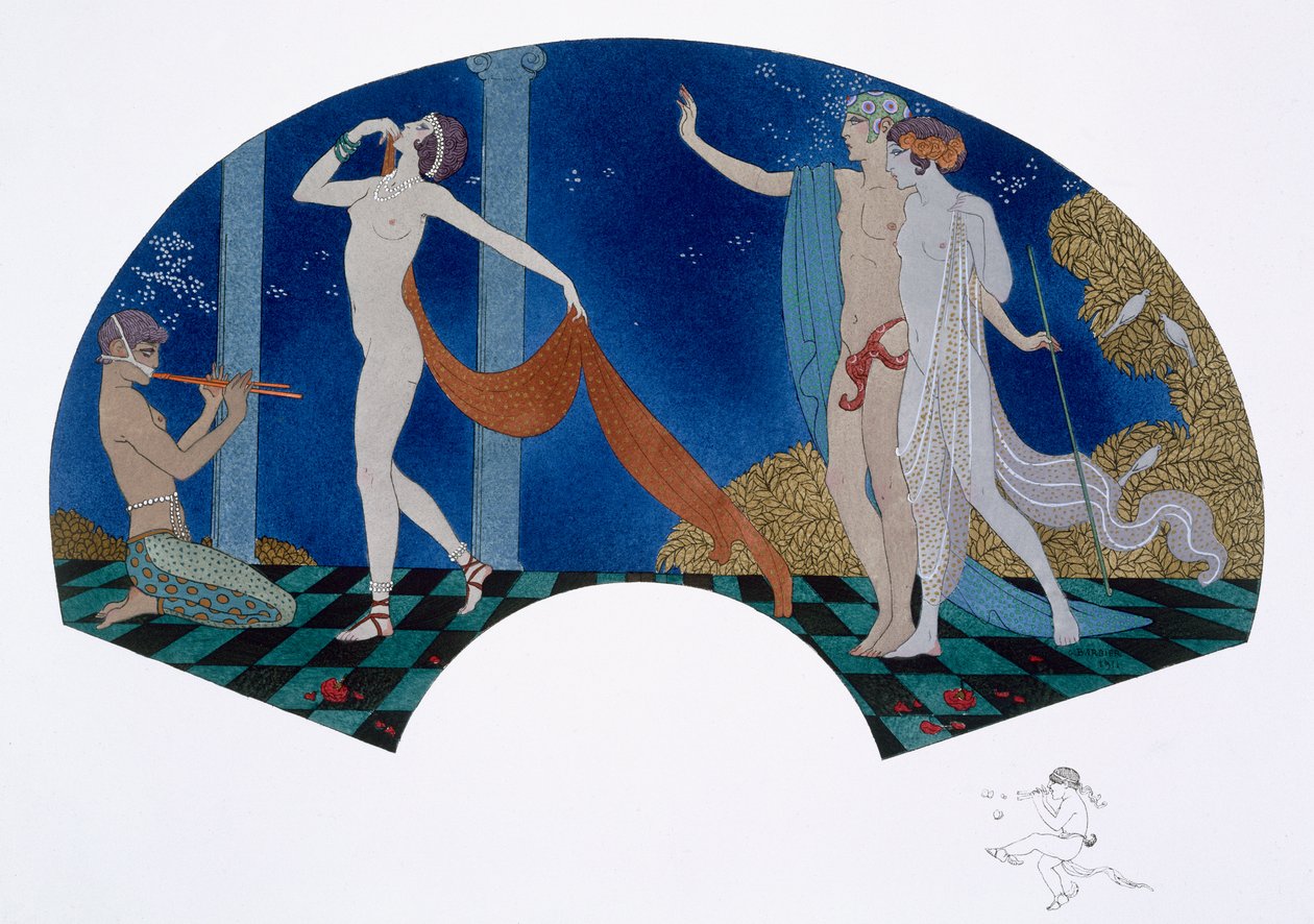 Viftedesign med klassisk billede af Pan, der spiller pan-piber og en danser og et par i et træ, fra 