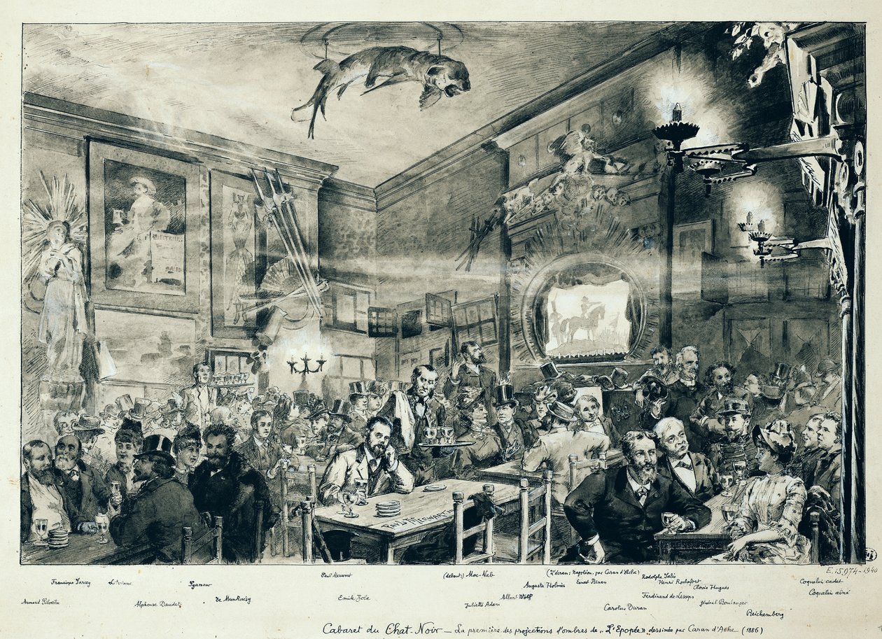 The Cabaret du Chat Noir, 1886 (pen og blæk og vask på papir) af Paul Merwart