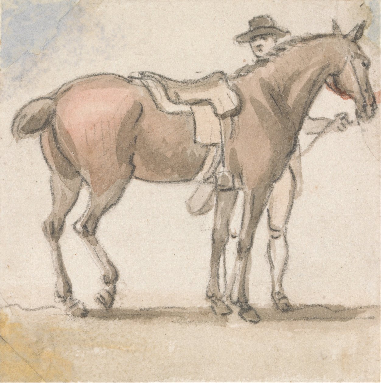 En mand og en sadlet hest af Paul Sandby