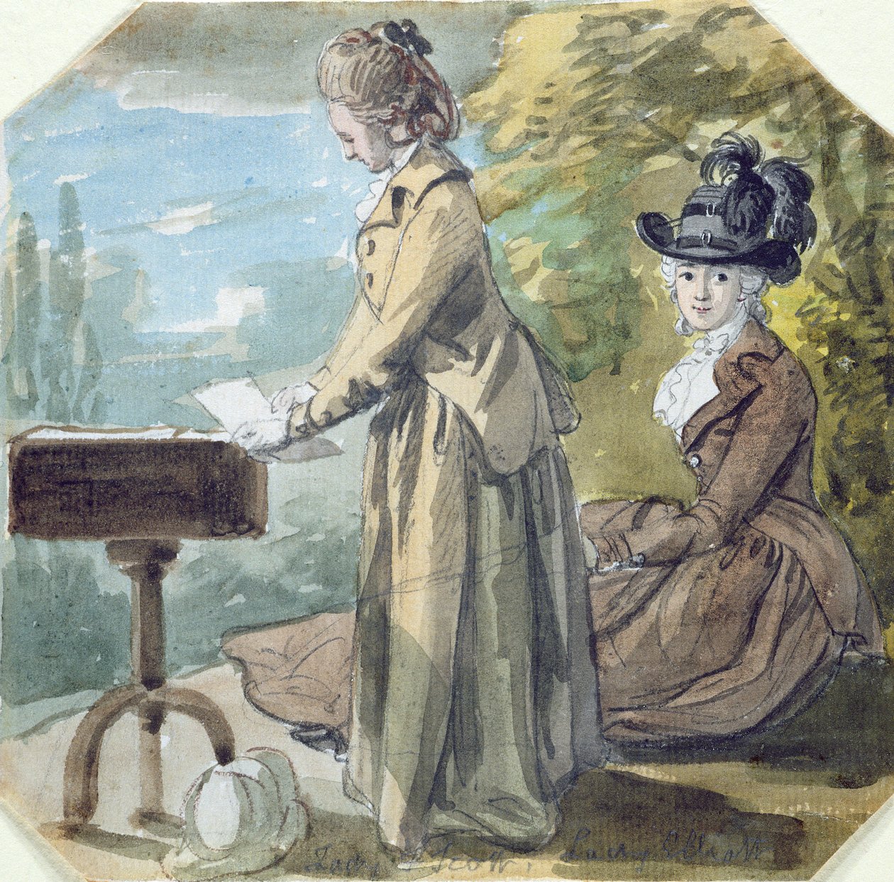 Lady Francis Scott og Lady Elliot, ca. 1770 (wc over grafit på lagt papir) af Paul Sandby