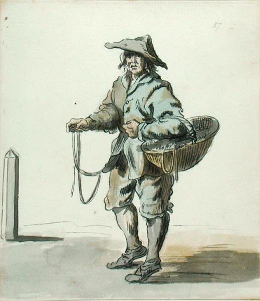 London Cries: Any Cotton Laces or Garters, 1742 (blæk og vask og wc på papir) af Paul Sandby