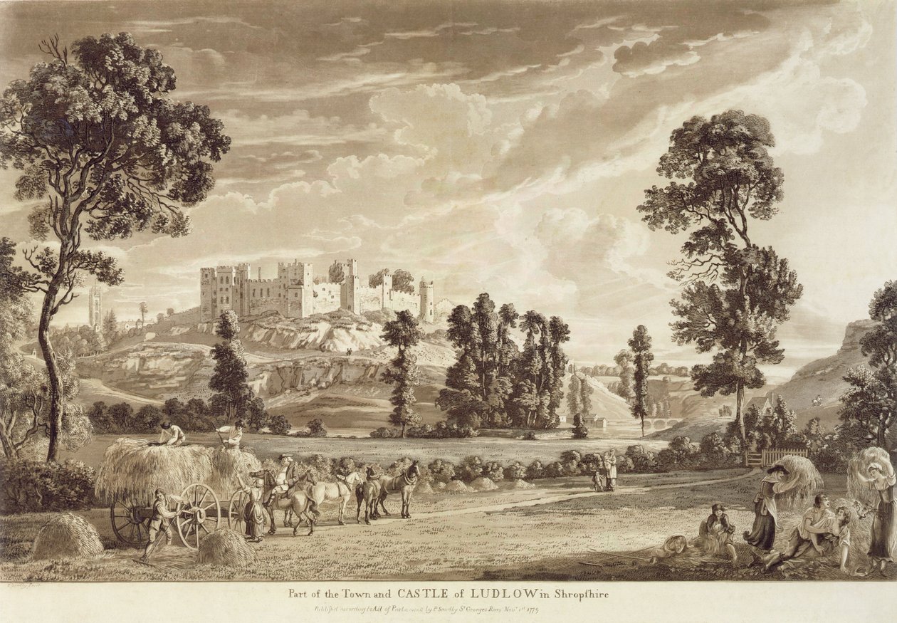 En del af byen og slottet Ludlow i Shropshire, indgraveret af kunstneren, udgivet af P. Sandby, 1779 (akvatintegravering) af Paul Sandby