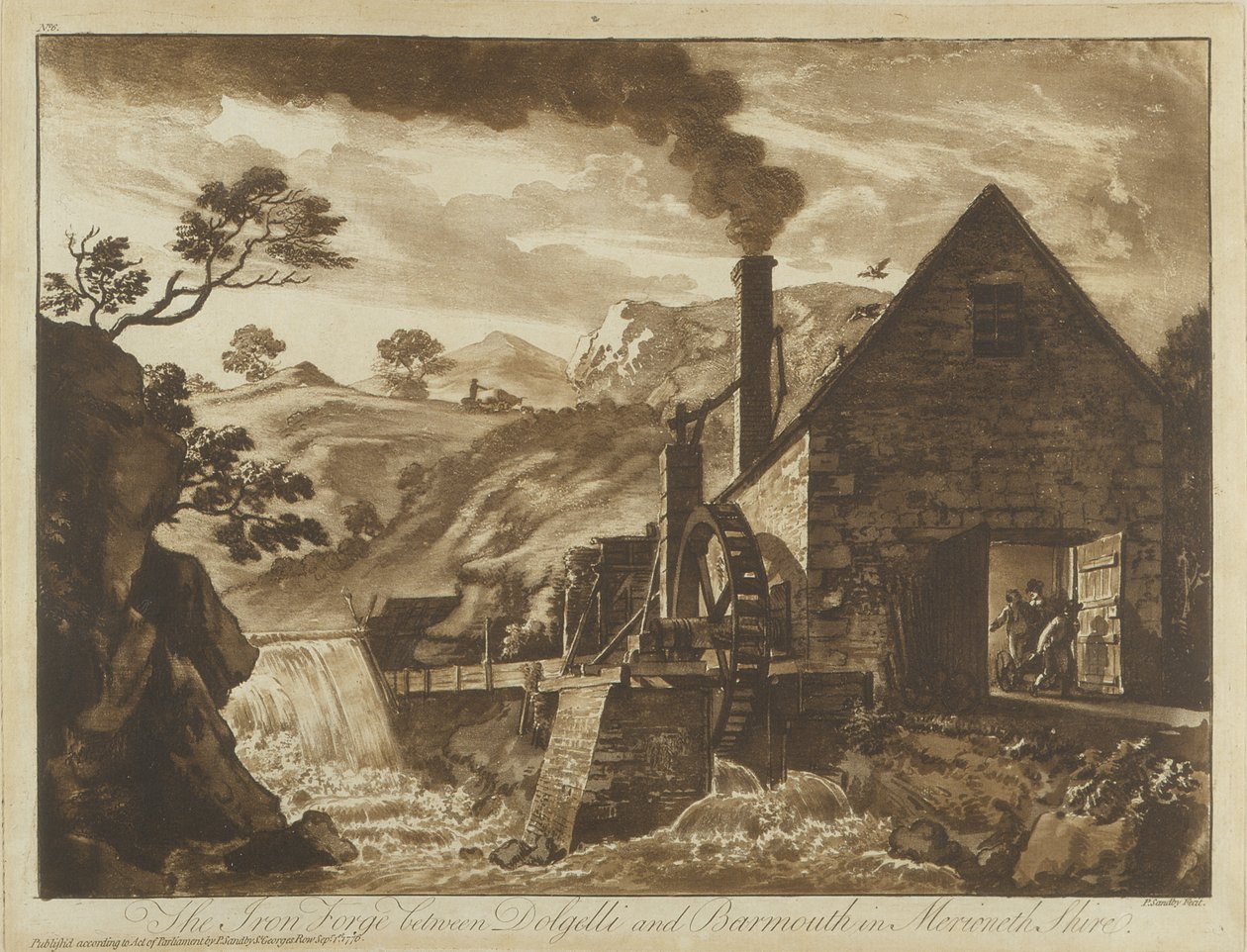 Iron Forge nær Dolgelli og Barmouth i Merionethshire, fra Twelve Views i Wales, 1776 (akvatint) af Paul Sandby