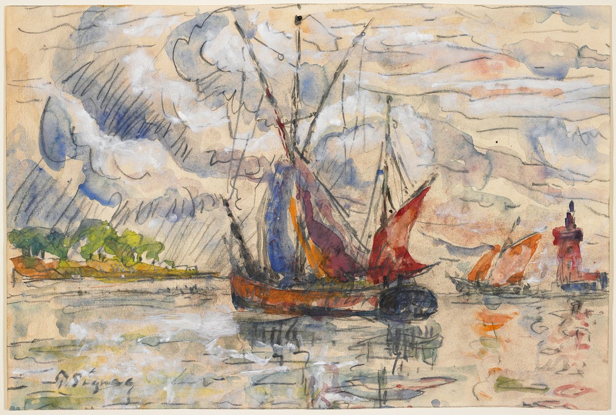 Fiskerbåde i La Rochelle, ca. 1919-21 (grafit, wc og uigennemsigtig hvid) af Paul Signac