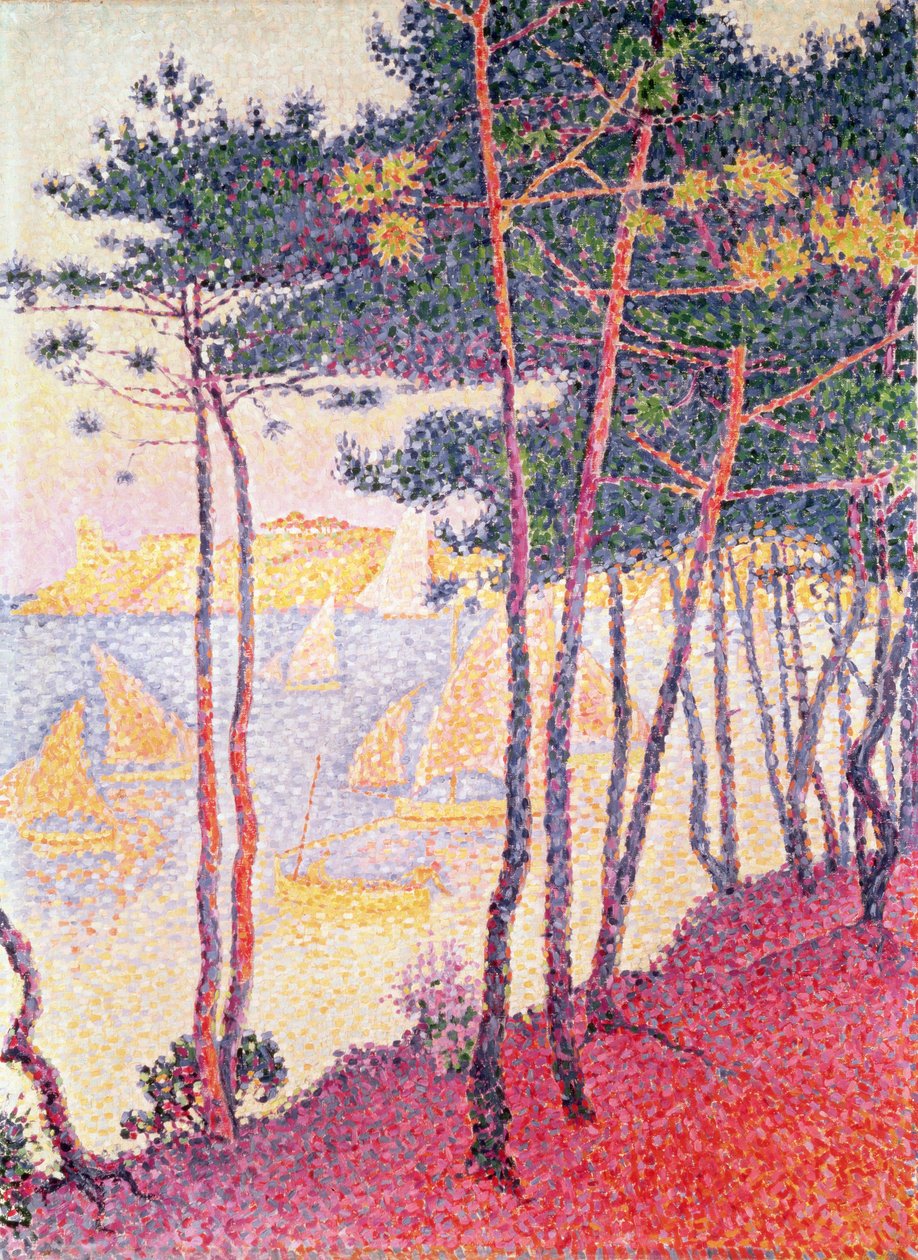 Sejlbåde og fyrretræer, 1896 af Paul Signac