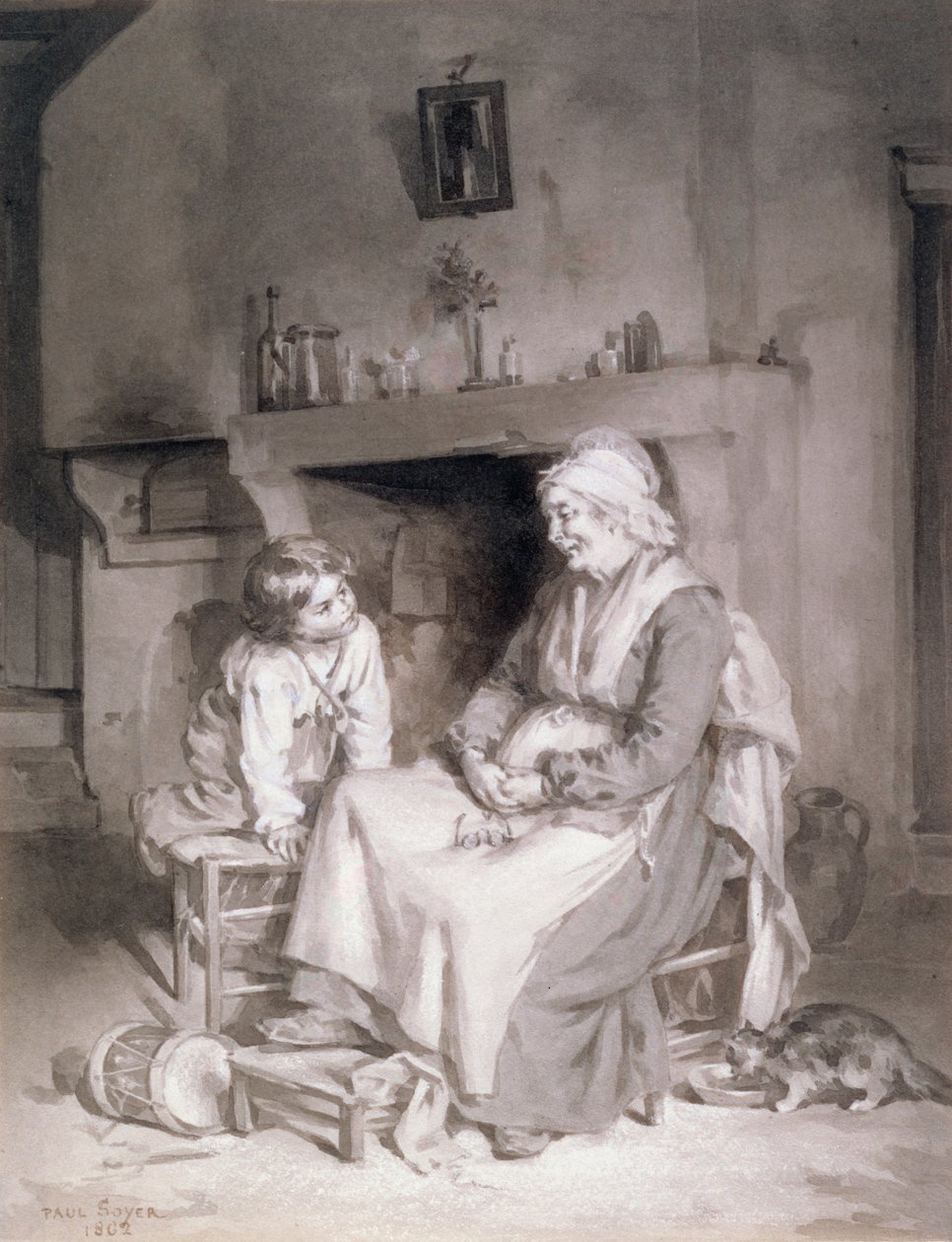 Interiør med gammel kvinde og dreng, 1862 (pen og blækvask på papir) af Paul Soyer
