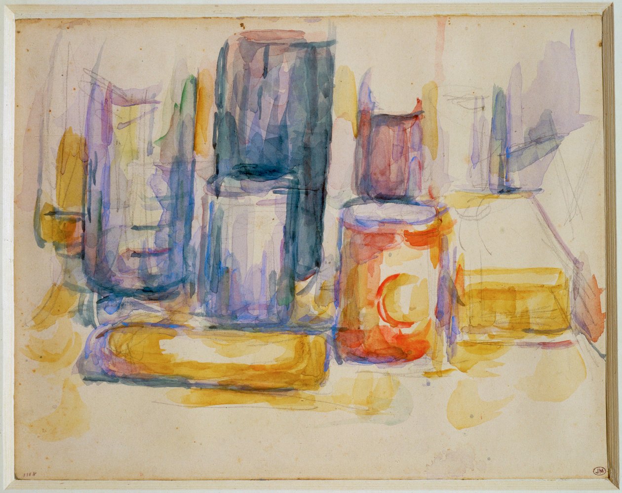 Et køkkenbord, gryder og flasker (maleri) af Paul Cézanne